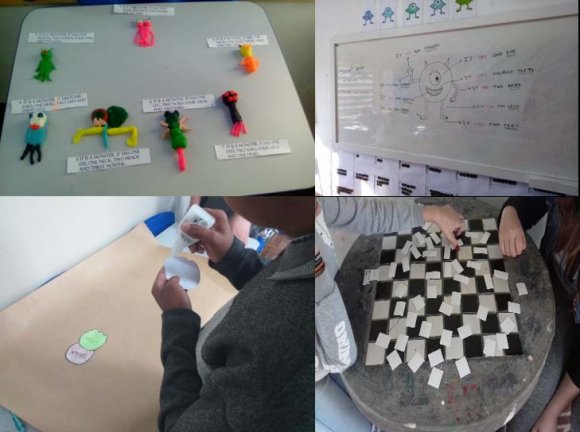 Fig. 10: Atividades realizada com massa de modelar, desenhos, recortes e colagem para trabalhar os conteúdos curriculares.