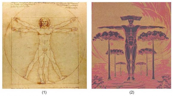 was presented in two different versions, but without any change as to the theme represented. With regard to artistic language, drawing carries strong references to Renaissance Art. João Turin's Pine Man resembles the Vitruvian Man, a drawing Leonardo da Vinci made in one of his notebooks, in which he describes the proportions of the human body (figure1(1)).Note: (1) DA VINCI, L. Vitruvian Man -Detail. 1490. Pencil and ink drawing; 34 x 24 cm. Gallerie dell' Accademia. Venice. Italy. (2) TURIN, J. Cover of the Illustração Paranaense magazine -Detail. 1930. In: ILLUSTRAÇÃO PARANAENSE (1930, n. 1, Jan.).