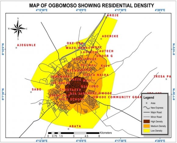 Figure 1: Map of Ogbomoso showing the residential delineations and the area surveyed.