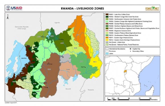 Figure 2 : Rwandan livelihood zones Source: USAID, 2011 The total arable land of Rwanda is about 14,000km2 or 52% of the country's total surface area. The total cultivated area rose to1,747,559 hectares(figure 3)or 66.35% in 2010 (NISR, 2010 and NISR, 2011) with 93,754 hectares (57%) of the 165,000 hectares of marshlands under cultivation throughout the year (REMA, 2009; NIRS, 2011).