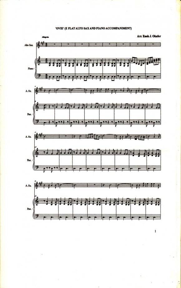 Using Ethno-Compositional Materials for Contemporary Music Composition: 'Ovie' E Flat Alto Saxophone and Piano Accompaniment as Musical Example served as the principal (solo) supplying the melodic