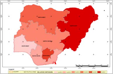 Figure 1: Spatial Variation in Relative Exposure and Vulnerability for Climate Change over Regions in Nigeria
