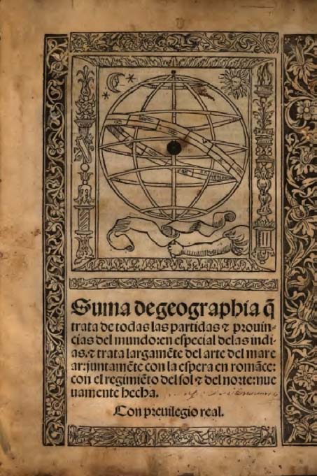 Figura 1: Frontispicio la Suma de Geographia [?] de Fernández de Enciso (Sevilla, 1519).