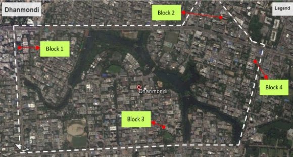 Fig. 2: Location of study blocks, Dhanmondi