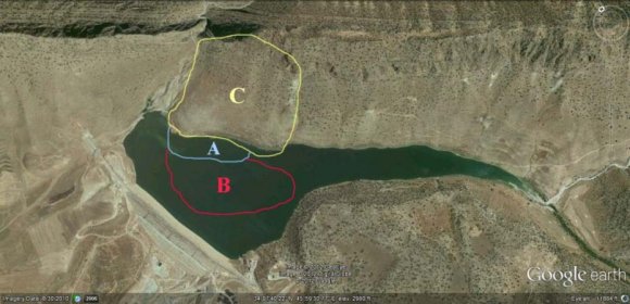Figure 3 : The satellite image of KolahSheg site and its division to Parts A, B and C ( http://Google earth.)
