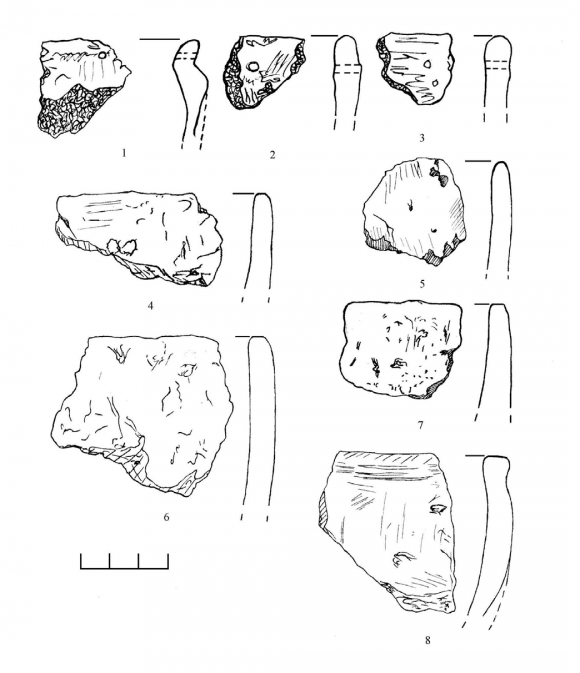 mentioned ones don't have holes below lips of rims. It is specific feature of Dnieper-Dvina pottery. Pots of both archaeological cultures contain dotted impressions along a neck as decoration. However, they are different in size. Average diameter of dots is 0.3 -0.5 cm on Dnieper-Dvina pots and 0.5 -0.7 cm on Hatched Ware Culture vessels.Fundamental difference between pottery assemblages came on since the beginning of AD.Carinated pots began to prevail in Late Hatched Ware Culture(Yegoreichenko 2006: 73 -79, tab. 42 -44). Profiled vessels with elongated rims were prevailing in Dnieper-Dvina Culture in first centuries AD. Proceeding from these criteria, consider pottery assemblages of investigated fortified settlements in Braslav Poozerye once more.The fortified settlement is characterized as hill type. It is situated for 1.5 km northwestern of Uklja villiage. Hill fort Tarilovo is studied by A. Yegoreichenko in 1992 -1994. Investigated area composed 178 sq km. Thickness of occupation layer fluctuated from 1.1 m in central part to 3.2 m along the edge of the site.