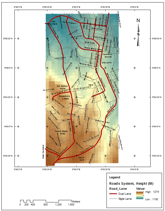 Figure 2 : Spatial Analysis, of Dual and Single Lane Routes in the Study area The length of the roads is an important index in assessing the quality and level of connectivity of the road network. An attribute analysis of the road network database reveals that the study area has a total sum of 93,407.09 meters of road length, with an average length of 521.83 meters, a standard deviation of 398.80 meters, with 2293.04 meters being the longest street length and 51.58 meters being the shortest street length. The lengths of the roads in this study are categorized into the following classes; 51 -250 meters are termed short length roads, 251 -450 meters are termed fairly short lengths, 451 -650 meters are termed average length roads, 651 -850 meters are termed fairly long length and 851 & above are termed long length. From figure3, it can be seen that the study area is dominated by short length and fairly short length roads. 28.48% of the streets are short, 22.91% are fairly short, 20.67% have an average length, and 13.97% have fairly long length and also13.97% of the streets have long length. This is important because it would aid planners, policy makers and individuals in making decision in terms of network development, e.g. which street should be reconstructed? What is the length of the street, what will be the cost implication? Can the street be transformed? And so aid in planning for an excellent accessibility on the road network.