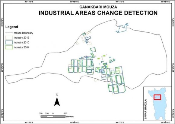 c) To Analyze the Land use Changes in Ganakbari MouzaThe main features of the study area Ganakbari are industry and commercial sites, vegetation area, water bodies and settlement. Here are given the change detection for these features individually-Change Detection for Industry and Commercial Sites: In the study area there is being built high infrastructures, which are used for factories and commercial building like market, cinema hall, bazaar, showroom, pharmacy, grocery shops etc. At 2004 the total area used for industry and commercial work was 186 acres. Again that rose at 2010 with the area of 265.57 acre. At 2013 it has been increased to 284 acres. So it is clear that the areas which were bare or low land or agricultural land became exchange with factories and commercial infrastructures. With the help of GIS application the change detection for industries and commercial sites have been found out. To analyze the Land use change detection of Ganakbari mouza it has been individually worked for the features.Here the industrial areas change detection is given-