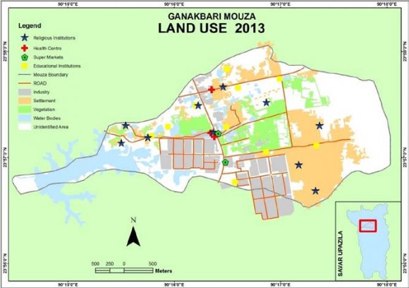Figure 10 : Change detection for the settlement areas d) To Prepare a Land use Map of the Study Area I have prepared the map where the main features water bodies, vegetation areas, industrial areas, settlement areas as well as the educational institutions, religious institutions, medical centers, super market, roads have been shown. In this land use map, the vegetation areas are shown in green colour, industries and commercial areas are shown in ash colour, water bodies are shown in blue and settlements are shown in orange colour. Again the educational institutions are shown as yellow point, religious institutions are shown in blue stars, medical centers are in red+sign and super markets are shown in green points.