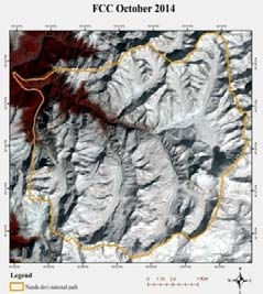 Figure 1 (a and b); Preliminary assessment of land cover change using FCC (False color composite) clearly indicates an increment in vegetation cover, increment in area under snow cover and decrease in thickness of snow was visualized since last 12 years in post monsoon images. (c and d); Preliminary assessment of land cover change using FCC clearly indicates an increment in vegetation cover, no or very less change in area under snow cover and decreases in thickness of snow since last 12 years in pre-monsoon images.