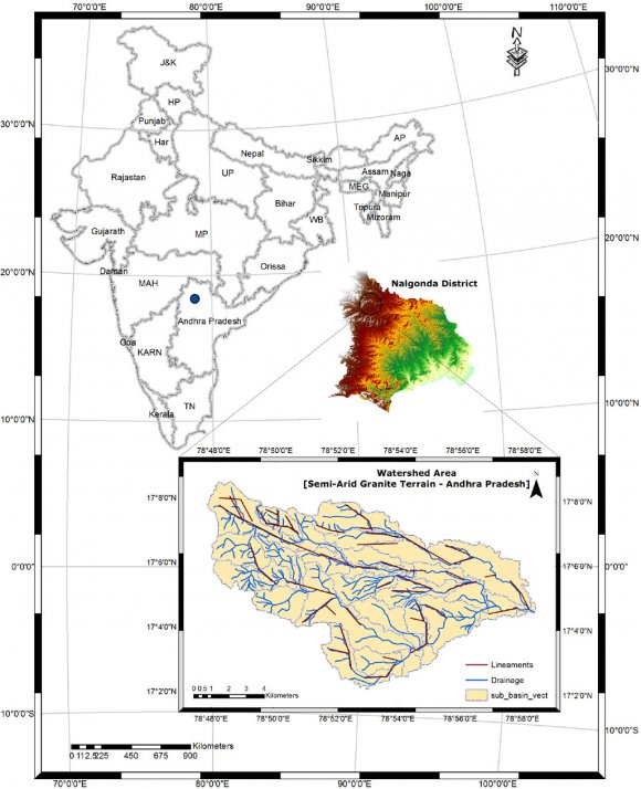 Aquifer Bifurcation Through Integrated Geophysical and Tracer Studies in a Granite Terrain Note: OB:-Observation Bore Well TSRM-4/4117) for two different electrode spacing (a=5, 10 and 20 mts.) with station interval of 2 m was carried out perpendicular to the suspected dyke alignment. A resistivity high showing a considerable width of 20-25 m is predominantly seen in all the profile signatures as shown in Figure.3. Investigation was carried out 250 m downstream from observation bore well No.4 (OB-4).