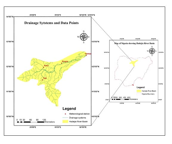 Figure 1: Drainage and meteorological stations within the basin. Modified after IUCN 2003