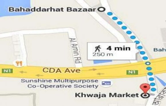 Bahaddar hat Bazar) Location 1 to criteria 1 (College) distance shown the figure 3.2, location 1 to criteria 2 (Market) distance shown the figure 3.3, location 1 to criteria 3 (Hospital) distance shown the figure 3.4, location 1 to criteria 4 (Park) distance shown the figure 3.5, Location 1 for all criteria (College, Market, Hospital, and Park) distance together shows the table 3.3.