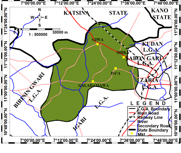 Fig. 3.1: Giwa local Government Area Showing Location of Periodic Markets