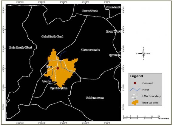 Figure 1: Spatial Extent of Benin Metropolitan Region within the LGAs in Edo State b) Rainwater Sampling Procedures Rainwater samples were collected at the onset of the rainy season (March, 2016) when gaseous impurities in the air reaches their highest concentration which have not been optimally removed by the rainwater on account of the dry season (Ubuohet al., 2012) and also during the peak of the rainy season (July, 2016) from the core area of the city (Forestry, Ring-Road), intermediate zone (Upper Mission Road, Airport Road) Periphery (Ikpoba-Hill, Ogba) and Nigerian Institute For Oil-Palm Research (NIFOR) according to the prevailing wind direction (North-east,South-west) as shown in Figure2and Table1. Two samples were collected in all the selected sites in the city as well as the control. In all four samples were collected per zone.