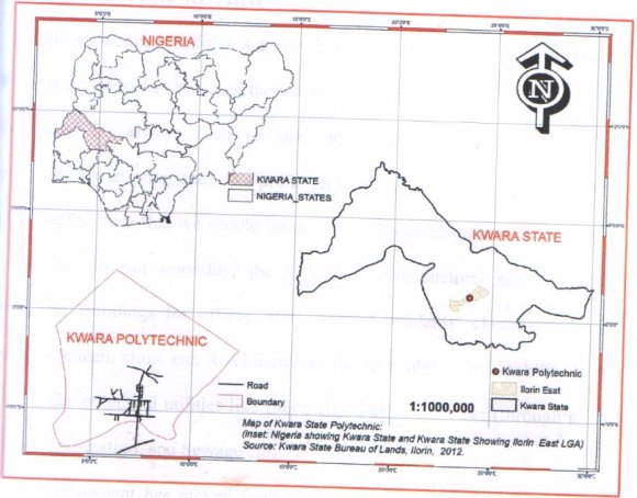 Figure 1: Merged geographical map of nigeria, kwara state and the study area, herein referred to as kwara polytechnic (source: kwara state bureau of lands, ilorin, 2012) The area of study, falls in Ilorin, the capital city of Kwara State, with Kwara State Polytechnic (Fig. 2) as the central point, lies within the crystalline basement rocks of western part of central Nigeria. The area is a semi-arid region of Nigeria with vegetation mainly guinea savannah, with shrubs and undergrowth (Nwankwo, 2011). The area is drained by rivers and streams such as Oyun River and river Ile-Apa as a tributary of river Niger (Nwankwoet. al., 2004).