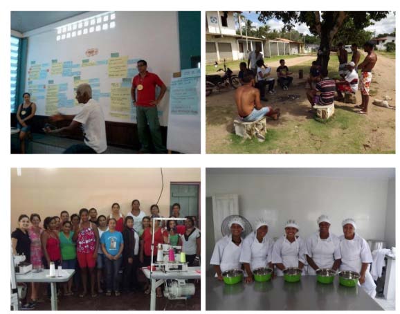 Figure 3: Diagnoses performed by the EPEC team in local communities (a and b), cutting and sewing structure (c) and fish processing center (d) assembled with funds raised through elaborated projects.