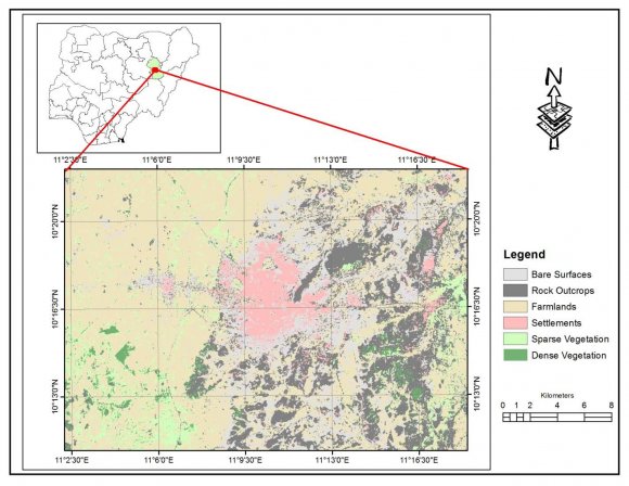 Figure 1: The Study Area b) Procedure for Data CollectionBoth primary and secondary data was employed in this work. Socio-economic data and information on the status of tree species were gathered through questionnaire survey that involved 195 respondents using purposive sampling techniques the study area.The remote sensing and the geographic information system (GIS) technology and applications were applied in the determination of the land cover changes. The interpretation and classification of satellite images involved subsetting and other pre-processing steps including geo referencing, colour composite and unsupervised classification; ground truthing, screen digitization of some features, supervised classification and change detection. Subsetting consisted mainly in selecting and extracting the study area from the full scene images. Colour composite and unsupervised classification enabled us to establish major land cover