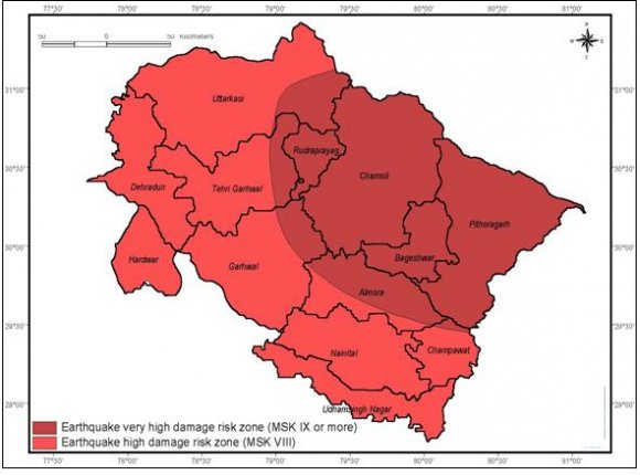 Fig 3 : Uttarakhand seismic damage risk zonation map