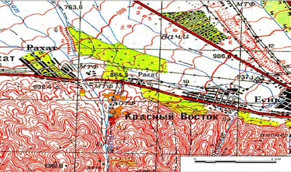 Figure 9: Rakhat. Location of mounds in the area Mound ?1.Diameter is: from north to south -9 meters, from east to west -8 meters, height is -45 cm. During the excavation works ? 1 there was found a ceramic bowl of the burial hole at the depth of 1.7 m. (Appendix 2) [9].
