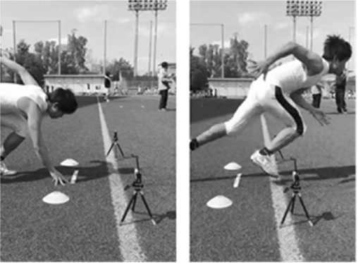Fig. 1: The start of the 40-yard dash. Left; the three-point start, with the photo beam placed at the height of 0.3 m. Right; the moment at which the photocell beam is interrupted by a player's shin passing through it, which records the start of the dash.