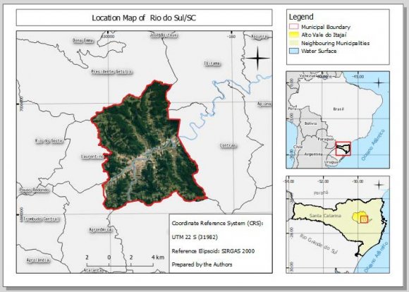 the 1983 one, it caused unprecedented impacts to the cities and its inhabitants (POLEZA, 2003; ESPÍNDOLA & NODARI, 2015). The following map (Picture 02) exposes the municipality's topography and its relation with the river. Source: By the authors Picture 02: Flood quotas and topography of Rio do Sul-SC But, as argued by Lapolli (2013), another 25 years passed without huge floods that, together with the already established economic grounds, allowed Rio do