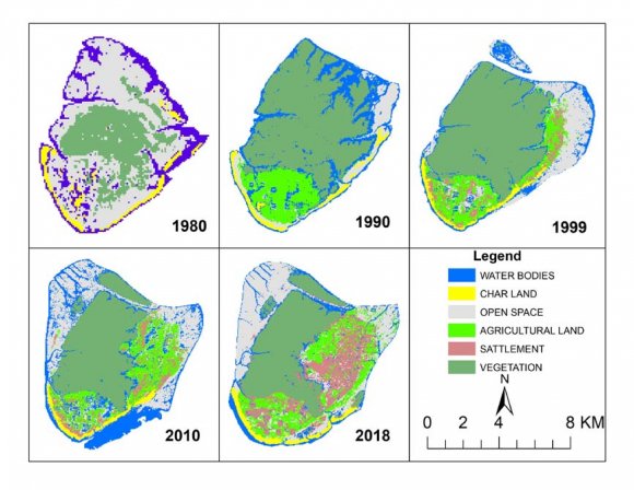Five different Landsat images required to compare the land cover changes with spatial variation at the study area for 1980, 1990, 1999, 2010, and 2018. The satellite images of Landsat are Multispectral Scanner System (MSS) for 1980, Thematic Mapper (TM) for 1990, 1999, 2010, and Operational Land Imager (OLI) and Thermal Infrared Sensor (TIRS) for 2018 respectively. Images acquired from the United States Geological Survey (USGS) site (http://earthexplorer.usgs.gov/) based on data availability and cloud cover, only dry season and cloud-free Landsat scenes considered. Geometric correction conducted to rectify the image through UTM (Universal Transverse Mercator) projection system.Analysis of coastline changes generally carried out using survey maps(Kadib 1969), past coastline mapping, and comparison of beach profiles over a long period(Inman and Jenkins 1985). Shoreline alteration monitoring needs a long-term observation based on the temporal variation modeling using remote sensing (RS) and geographic information system (GIS)(Bouchahma and Yan 2012). Identification, mapping, and analyses have gained importance in recent years as highresolution satellite data have become more accessible (Adegoke et al. 2010). Firstly, collected images clipped by using the area of interest (AOI). After that, manual digitization and classification have used to delineate the coastline and identify the land cover from each image rather than automated technique at the same scale under similar zooming level by using ArcGIS 10.5 software and its extensions. Land cover change detection assessed by the processing of multi-temporal images (1980-2018), differencing, overlaying the postclassification images, visual interpretation, and onscreen digitizing (Ahmadi et. al 2014). Six categories of land use and land cover identified naming water bodies, char land, open space, agricultural land, settlement, and vegetation through supervised classification. On the other side, two temporally succeeding coastline boundaries for the island compared to calculate shoreline shifting, increase or decrease using GIS overlay techniques. Then topological error has corrected through the conversion tool. In addition, annual shifting for each epoch calculated from the total movement and the number of years in that epoch. Meanwhile, the entire summary of extracted data shown and interpreted through tables and represented by maps and Diagrams. IV. RESULT AND DISCUSSION a) Changes on Land Surface: Land cover and land use (LCLU) analysis are fundamental to assess the changes of past and current land association due to natural processes and local land utilizations by the people. For this reason, the land use pattern of this island became examined from 1980 to 2018 (Figure 2), and evident from the interpretation of satellite images that Nijhum dwip undergoes a continuous change. In 1980, vegetation cover was 8.02 km2, which was 27.71% of the total land cover, whereas, during 1990, the vegetated area increased by 18.70 km2 that was 55.61% of the entire land use and land cover. Later, in 1999, 2010, and 2018 green area decreased gradually from 20.97 km2 to 18.47 km2 and 15.28 km2 which was 52.29%, 36.28%, and 31.98% respectively. Results indicate that in 1980 vegetated area was less than 1990 because that time land was newly formed, barren, and took time to grow vegetation. In 1990, vegetation grew on the mature developed fertile landform, and after that, vegetation cover decreased because of the more accessibility of surrounding peoples. In the study area, forest converted to other lands by human intervention such as clearing and converting of forestland to cropland and settlements, when forest converted to water by natural processes such as coastal erosion. Besides, other lands to forest and water to forest altered when newly accreted land (formed in the sea) later planted with the mangroves (Rahman et. al. 2018). On the contrary, a reverse situation such as increasing with slight drop observe