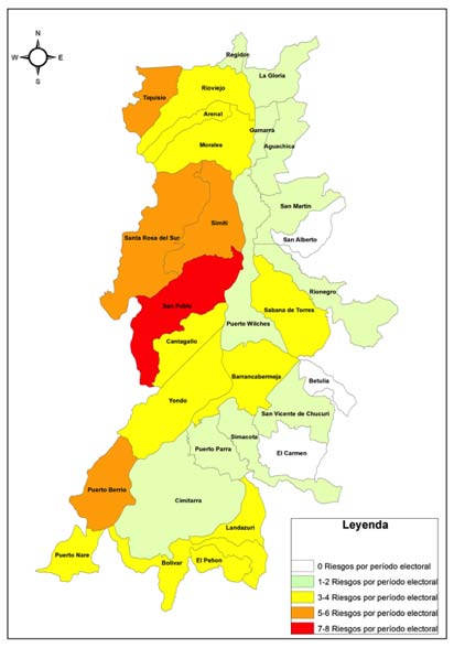 Figura 4: Índice de intensidad y presión de desplazamiento forzado vs porcentaje de abstención elecciones locales (2007)