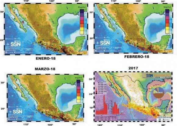 Figura 12: Estructuras lineales y deformaciones del relieve en el entorno de Puerto Vallarta En la combinación de 5 imágenes aparecen: (1) lugar (PV= Puerto Vallarta), red de alineaciones (líneas continuas y discontinuas negras) y 2 zonas morfoestructurales anómalas (1 y 2, en color blanco, y circulo negro) dentro de los bloques Yagariza (B4) y Santo Domingo (B3), respectivamente (Cotilla et al., 2017). Esos 2 bloques, están en las zonas sísmicas D y C, respectivamente (ver Figura 10); (2) algunas líneas de debilidad tectónica (en color negro y discontinuas) (L1= E-O, L2= NO, L3= N-S) y las tendencias predominantes de movimientos verticales