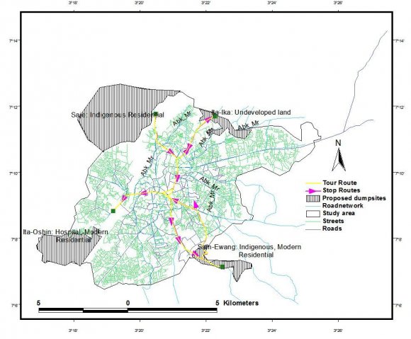 Sites and Transport Route Selection Using Geographic Information System and Remote Sensing in AbeokutaMap of Study Area Showing Locations of the Proposed Disposal sites in Abeokuta.