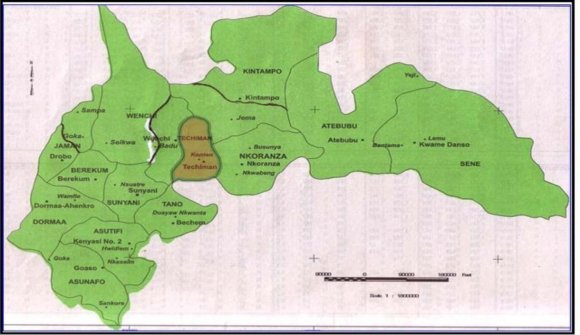 Figure 1 : Administrative Regions in Ghana For political and administrative expediency, Ghana is divided into ten administrative regions with each one further subdivided into a number of decentralized Metropolitan, Municipal and District Assembly units. The Techiman Municipality, the study area of reference in context, is one of such basic political administrative units. It is situated in the Northern part of the Brong Ahafo Region and lies between longitudes 1 0 49 East and 2 0 30 West and latitude 8 0 00 North and 7 0 35 South. The Municipality shares common