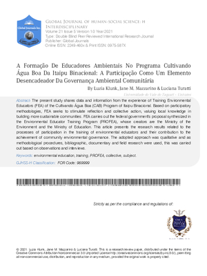 A Formacao De Educadores Ambientais No Programa Cultivando Agua Boa Da Itaipu Binacional: A Participacao Como Um Elemento Desencadeador Da Governança Ambiental Comunitária