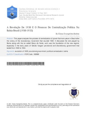 A Revolução De 1930 E O Processo De Centralização Política Na Bahia-Brasil (1930-1933)