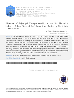 Absentee of Rajbangsi Entrepreneurship in the Tea Plantation Industry: A Case Study of the Jalpaiguri and Darjeeling Districts in Colonial Period