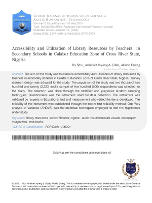 Accessibility and Utilization of Library Resources by Teachers in Secondary Schools in Calabar Education Zone of Cross River State
