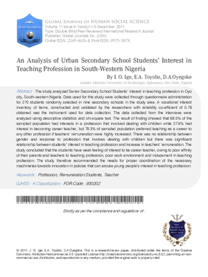 An Analysis of Urban Secondary School Studentsa Interest in Teaching Profession in South-Western Nigeria