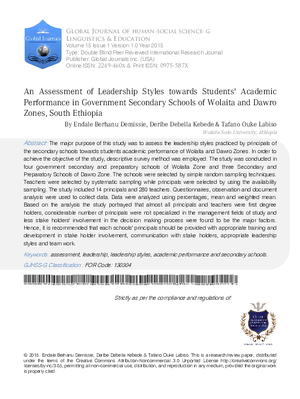 An Assessment of Leadership Styles towards Students Academic Performance in Government Secondary Schools of Wolaita and Dawro Zones, South Ethiopia