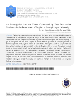 An Investigation into the Errors Committed by First Year Undergraduates in the Department of English at Jahangirnagar University