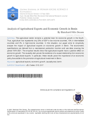 Analysis of Agricultural Exports and Economic Growth in Benin