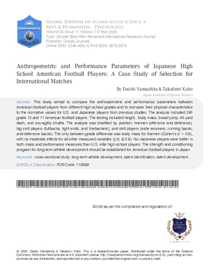 Anthropometric and Performance Parameters of Japanese High School American Football Players: A Case Study of Selection for International Matches