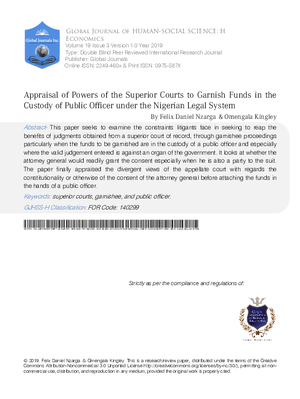 Appraisal of Powers of the Superior Courts to Garnish Funds in the Custody of Public Officer under the Nigerian Legal System