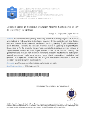 Common Errors in Speaking of English-Majored Sophomores at Tay do University, in Vietnam
