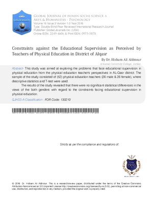 Constraints Against the Educational Supervision as Perceived by Teachers of Physical Education in District of Alqasr