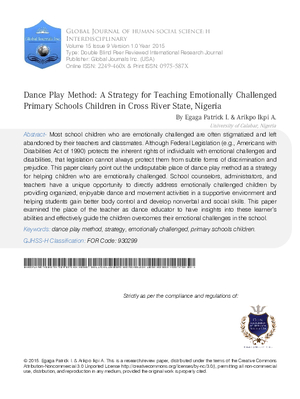 Dance Play Method: A Strategy for Teaching Emotionally Challenged Primary Schools Children in Cross River State, Nigeria