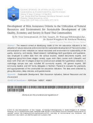 Development of Risk Assurance Criteria to the Utilization of Natural Resources and Environment for Sustainable Development of Life Quality, Economy and Society in Rural Thai Communities