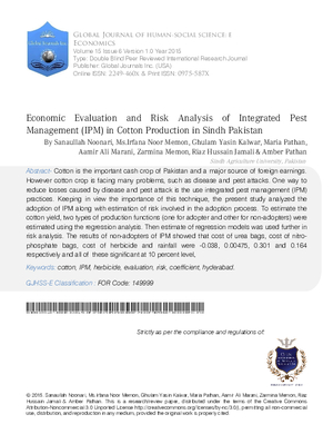 Economic Evaluation and Risk Analysis of Integrated Pest Management (IPM) in Cotton Production in Sindh Pakistan