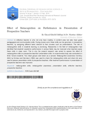 Effect of Metacognition on Performance in Presentation of Prospective Teachers