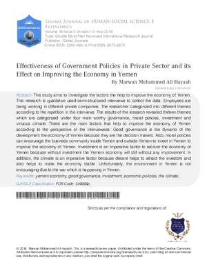 Effectiveness of Government Policies in Private Sector and Its Effect on Improving the Economy in Yemen