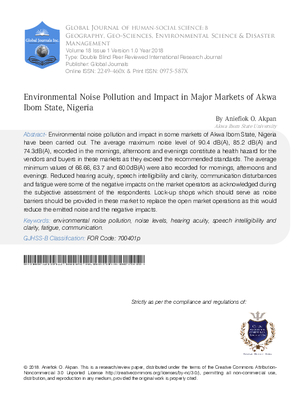 Environmental Noise Pollution and Impact in Major Markets of Akwa Ibom State, Nigeria