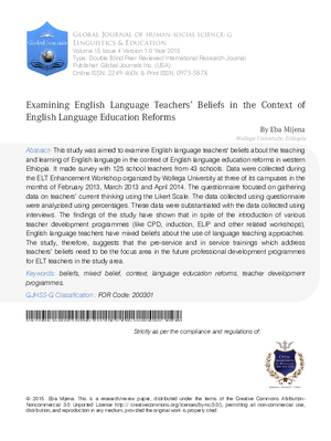 Examining English Language Teachersa Beliefs in the Context of English Language Education Reforms (By Eba Mijena)